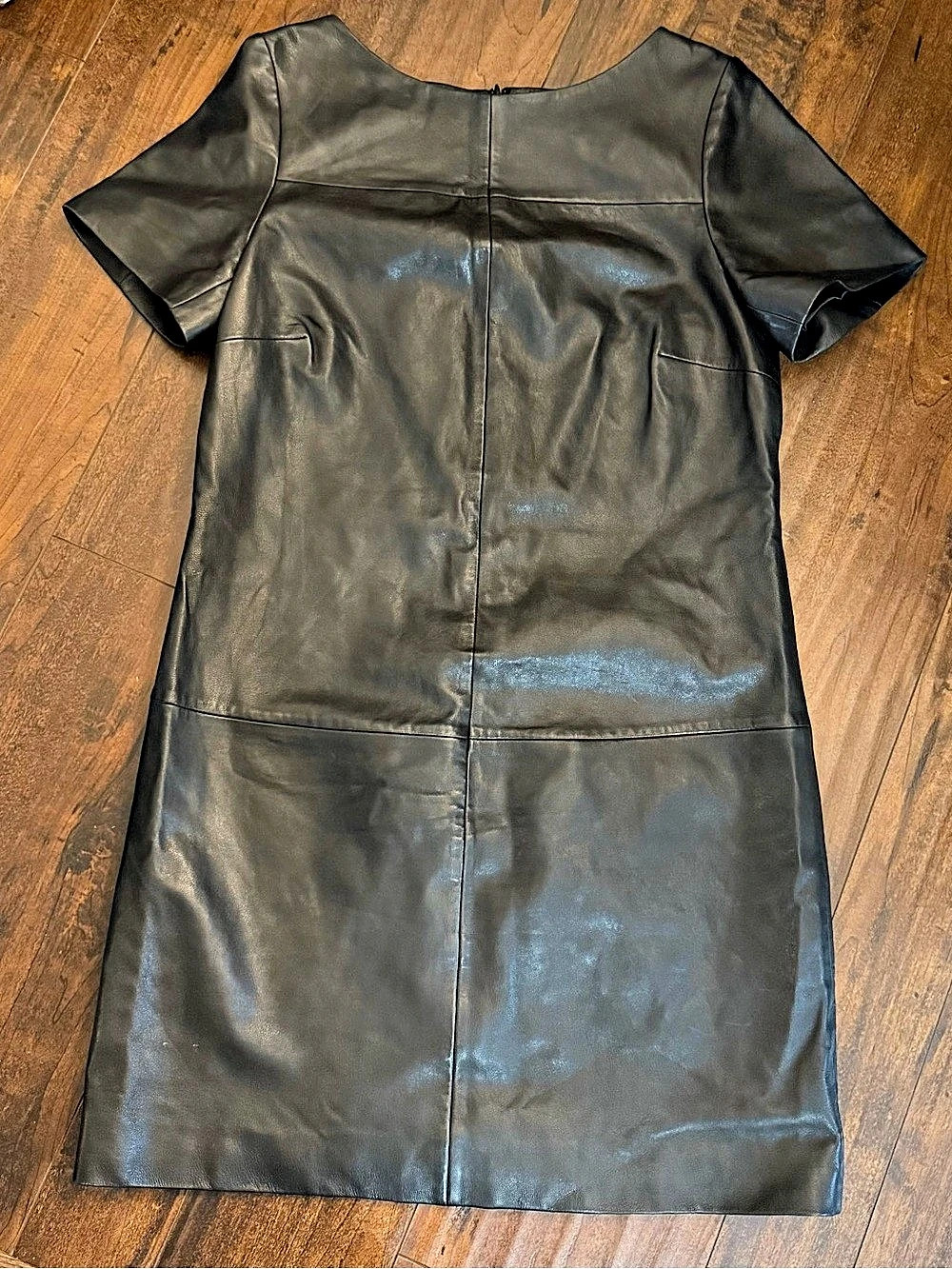 Boden Black 100% Leather Dress 6 US 10 UK Short Sleeve Shift Mini Panel Seam Mod